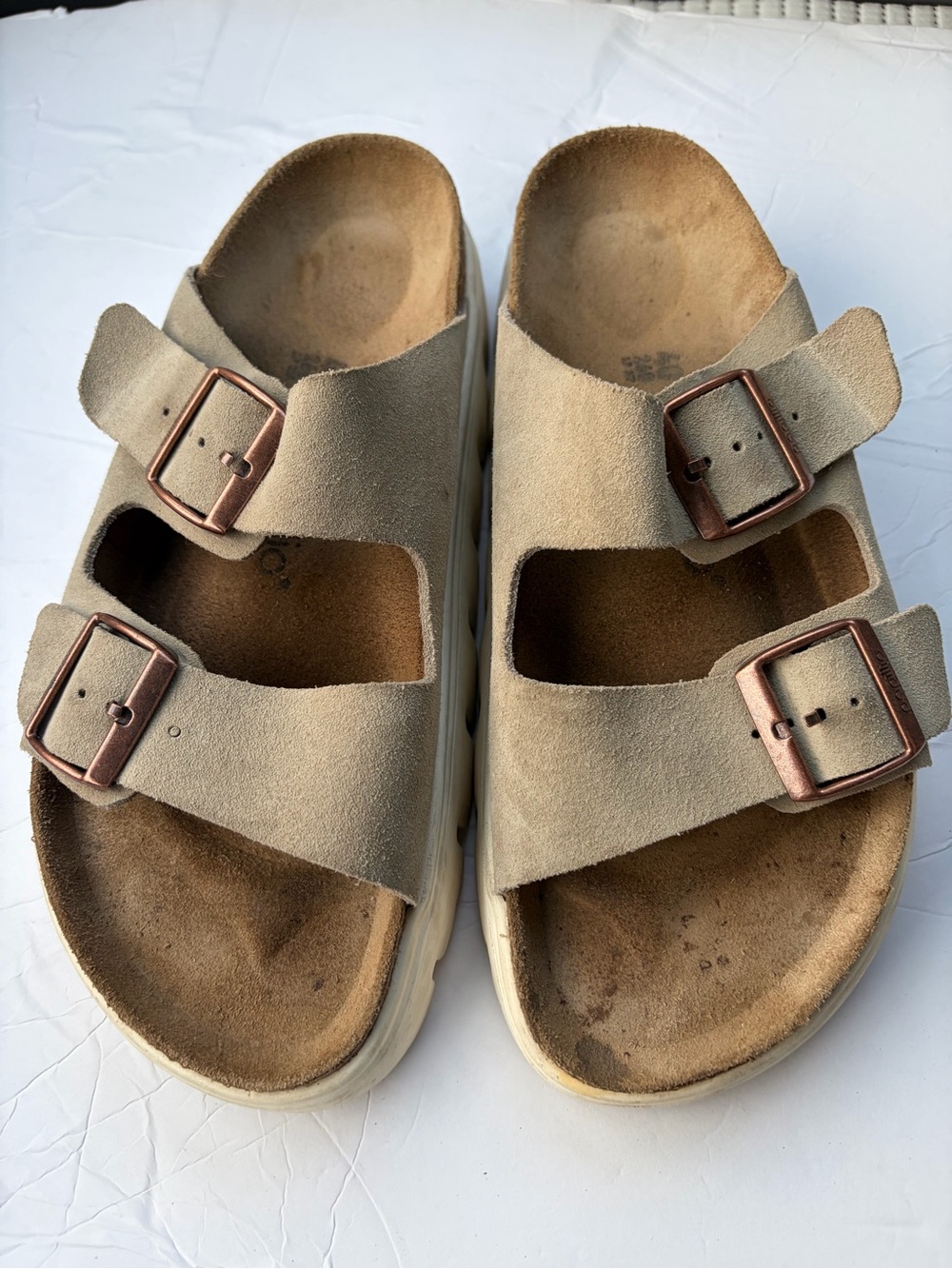 Papillio Beige Suede Double-Strap Sandals with Rose Gold Buckles